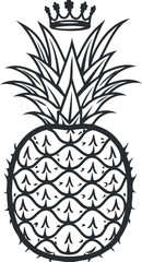 Black and white line drawing of a pineapple with a crown above it symbolizing tropical fruit and royalty