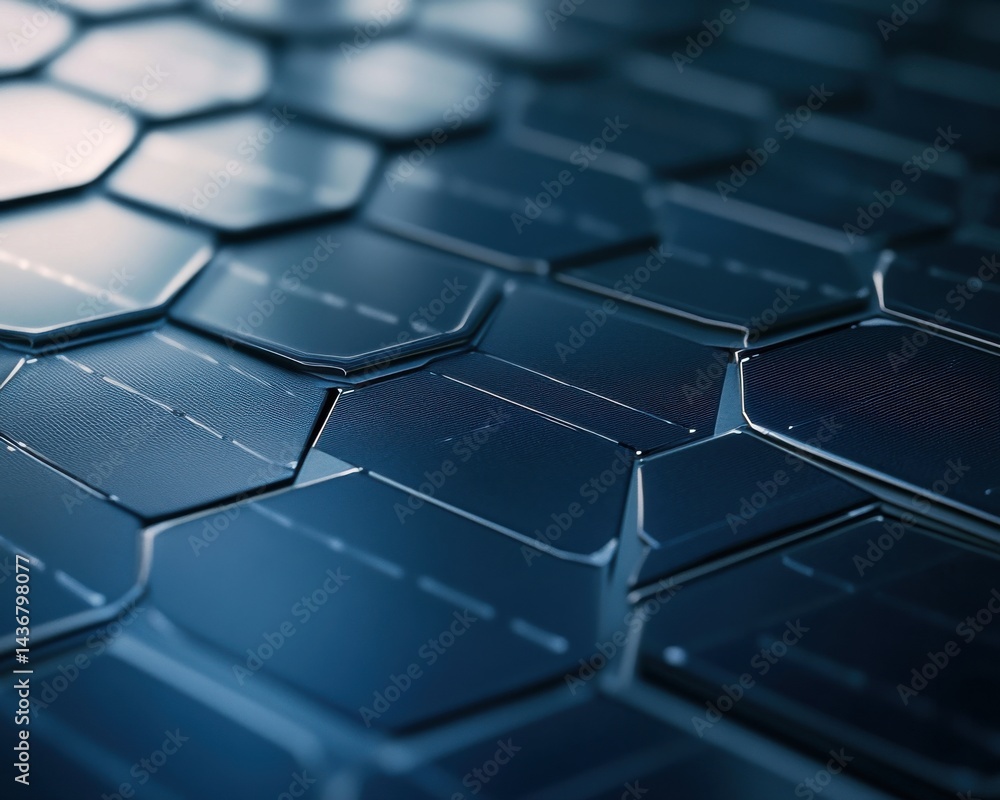 Poster close-up of hexagonal metallic panels with a sleek, futuristic design, showcasing intricate textures