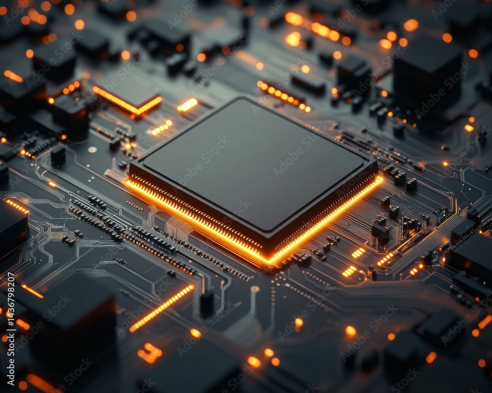 Poster close-up of an intricate circuit board with glowing orange lights illuminating a central processor c