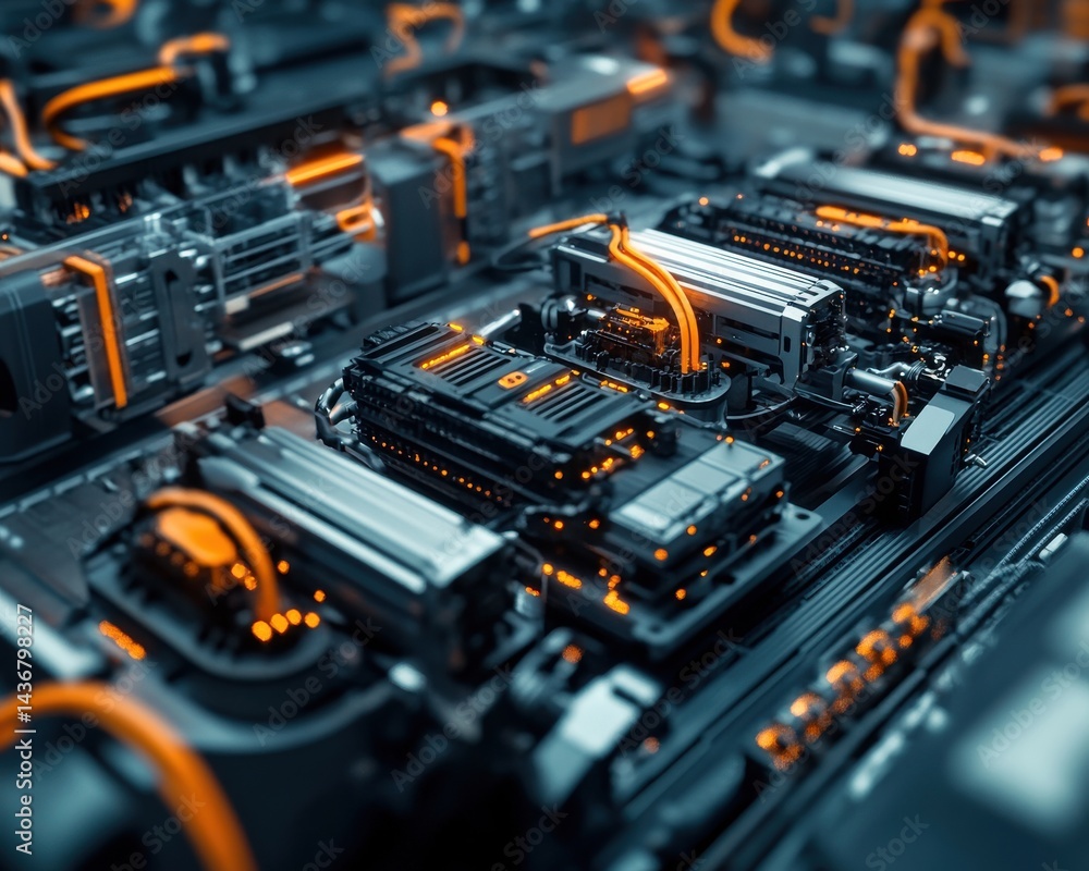 Poster abstract close-up of futuristic technology with glowing orange circuits and intricate details in a d