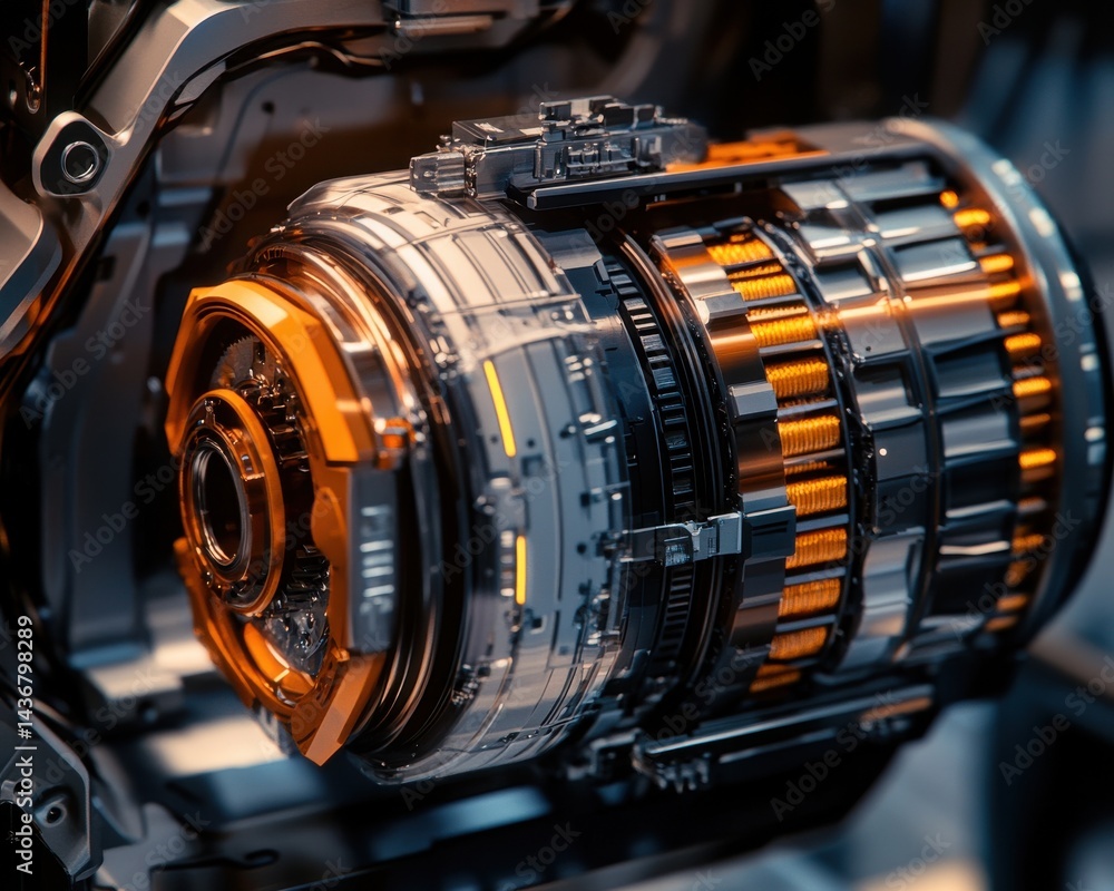 Aufkleber close-up of an intricate engine component showcasing metallic colors and high-tech design.
