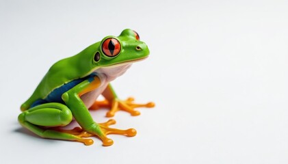 Naklejka premium Green tree frog perched on white, vibrant colors, cute, leaf, white background