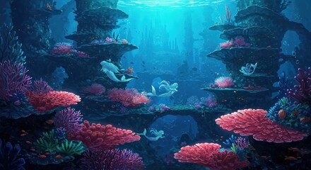 Underwater Scene with Mermaids, Illustration