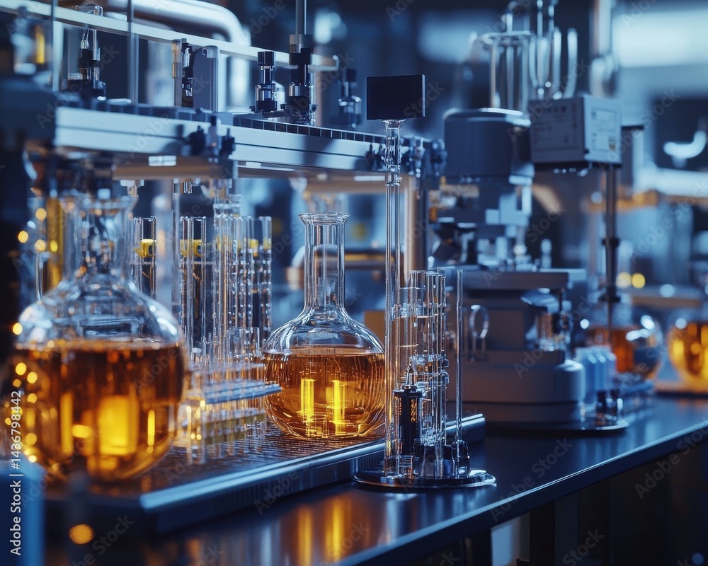Poster intricate laboratory setup with glassware filled with amber liquids against a high-tech backdrop.