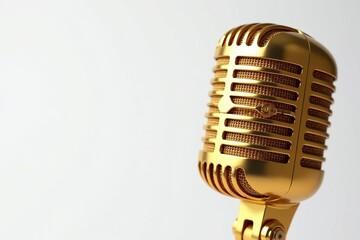 Close-up of a gold microphone on white background, broadcast, background