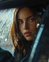 A young woman with long brown hair gazes pensively through a rain-streaked car window.