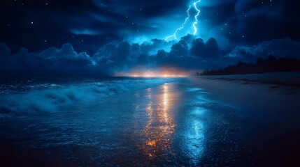 A dramatic lightning strikes over the ocean, illuminating the beach at night under a cloudy sky.