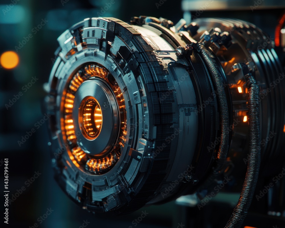 Poster futuristic mechanical component with glowing elements, showcasing intricate details and advanced tec