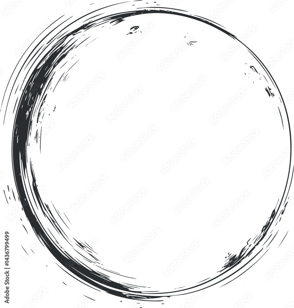 Poster grunge circular frame with rough brush strokes and distressed texture isolated on white background.