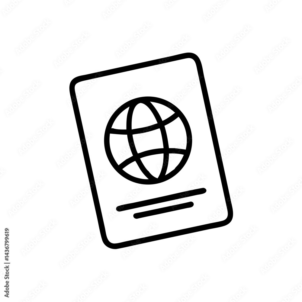 Poster passport icon with globe in outline style for travel, identity, and documentation concept