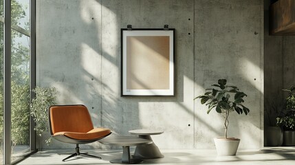 Vertical poster mockup with clips on a concrete wall. 3D display with empty frame. 