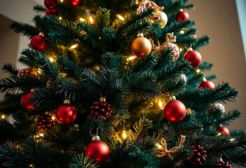 christmas tree with red and gold ornaments