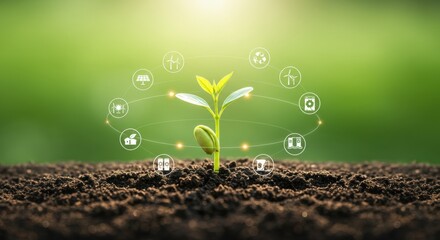 Young Plant Growing with Sustainable Development Goals Icons for Green Energy and Environmental Conservation