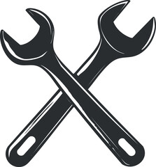 Illustration of two crossed black open-end wrenches isolated on white background symbolizing repair and maintenance tools