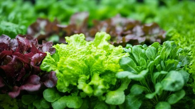 Fresh Lettuce Variety Display Close Up Green and Red Leaves