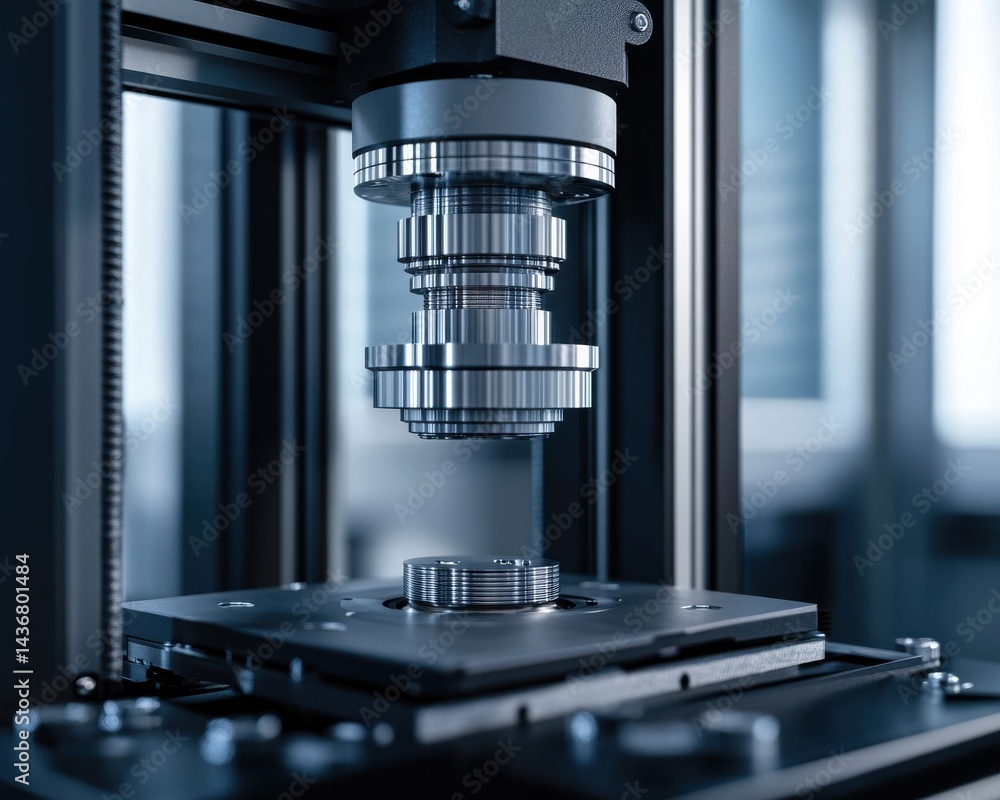 Poster precision machinery in action, showcasing a metallic component being processed in a modern workshop.