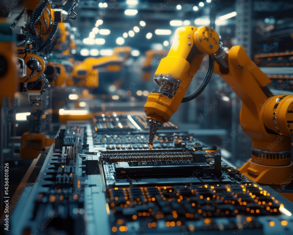 Poster advanced robotic arms in an automated factory setting, precision engineering in action with glowing 