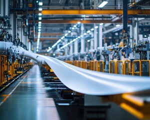 Fototapeta premium Impressive wide shot of a modern industrial facility featuring sleek, white wind turbine blades in production.