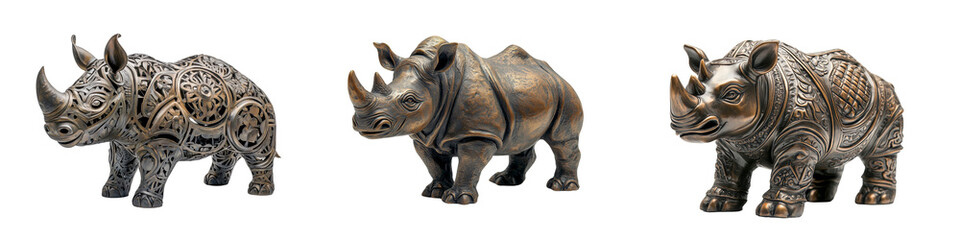 Fototapeta premium Three detailed bronze sculptures of rhinos, blending realistic textures with ornate artistic patterns.