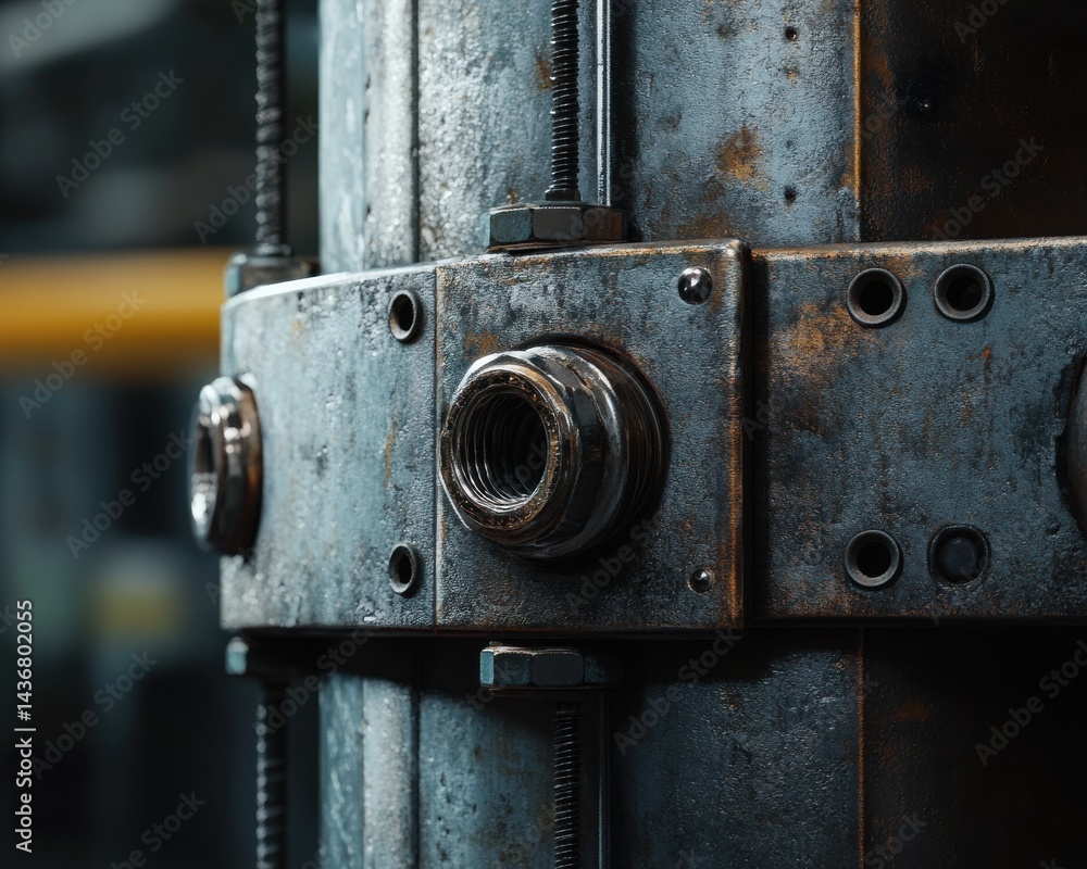 Poster close-up of a metallic industrial pipe joint showcasing rust and texture, emphasizing engineering an