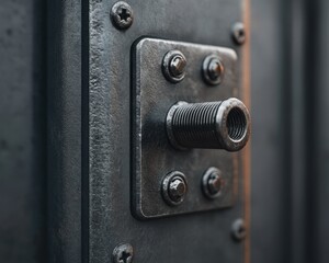 Obraz premium Close-up of a metal latch with screws, showcasing its industrial design and texture.