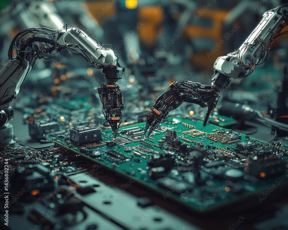 Poster two robotic arms assembling a circuit board in a high-tech factory environment.