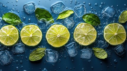 Sliced citrus fruits ice cubes and mint leaves on blue background.