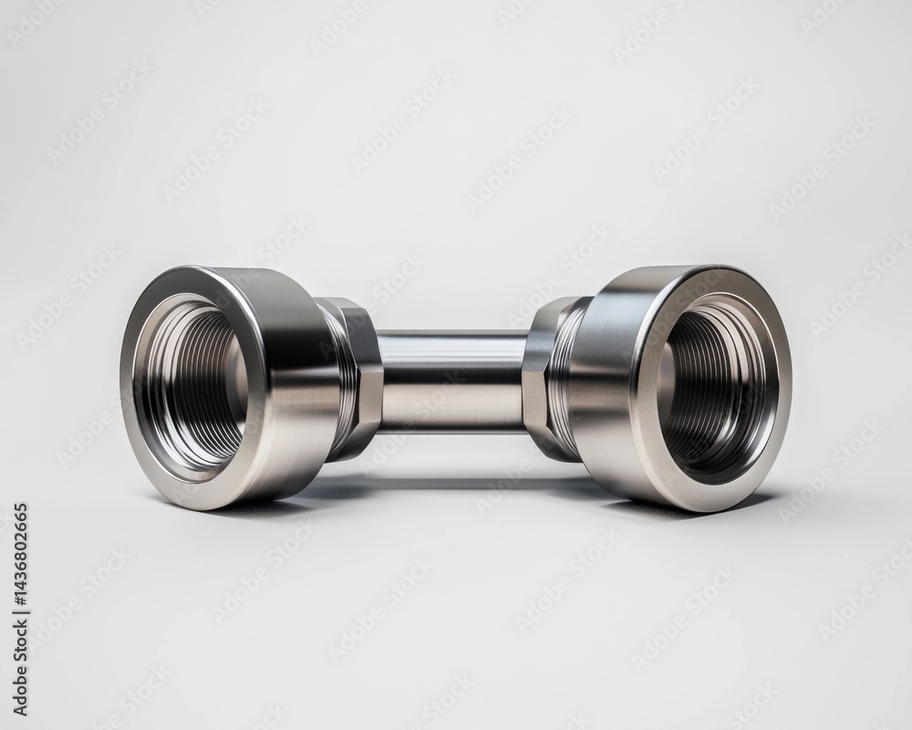 Poster close-up of a metallic pipe fitting, showcasing its smooth finish and precise threading.