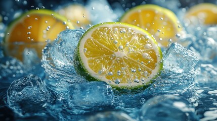 Sliced citrus fruit with water droplets on ice cubes close up.