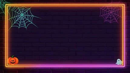 Neon Halloween Party Frame with Ghost and Pumpkin Decorations