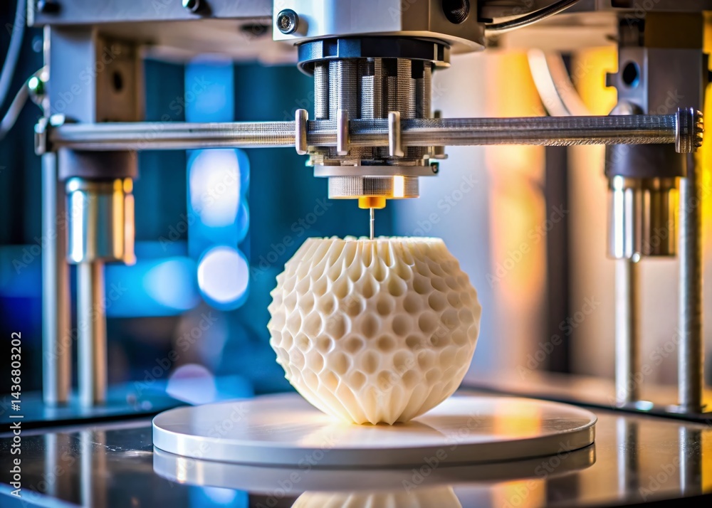 Poster 3d printer creating intricate white object with textured peaks - close-up candid shot