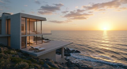 Modern house at sunset, Illustration