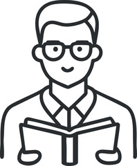 Line art illustration of a young man wearing glasses reading a book for education or study