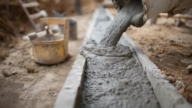 A closeup view of a cement mixer pouring fresh concrete into a trench with construction tools tered nearby on a dirt site.