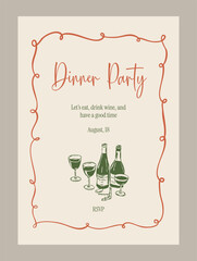 Dinner party invitation template. Matisse style beverage illustrations.	