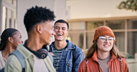Group, students and happy with people, smile and backpacks for walking on campus or university. Friends, outdoor and talking for education, development and scholarship for learning, college or school