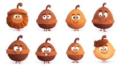 Eight cute acorn characters, various expressions, white background, autumn harvest illustration