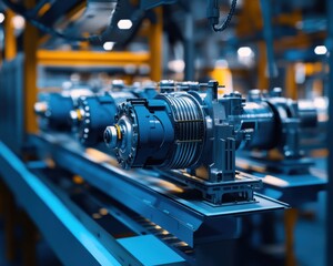 Fototapeta premium Close-up of precision-engineered electric motors in a high-tech factory setting, showcasing intricate details.