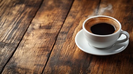 Coffee in a white cup on a wooden table surface.