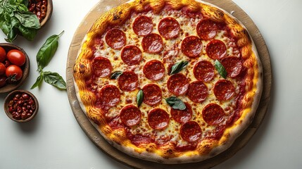 Pepperoni pizza on wooden board with basil and tomatoes on white surface.