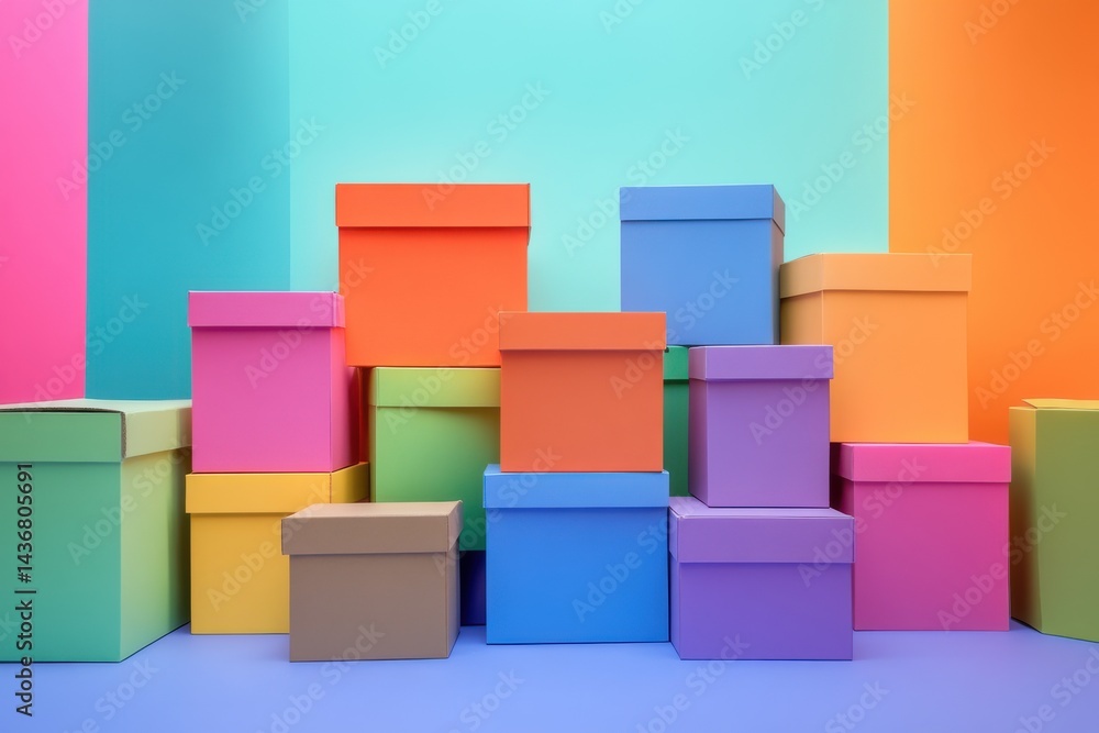 Poster a vibrant display of colorful gift boxes stacked together in various sizes, creating a cheerful atmo