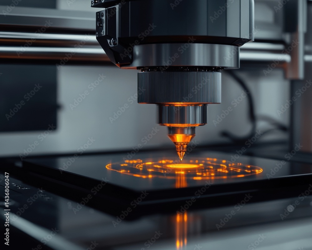 Aufkleber close-up of advanced laser technology in use, focusing on precision engraving in a modern workshop.