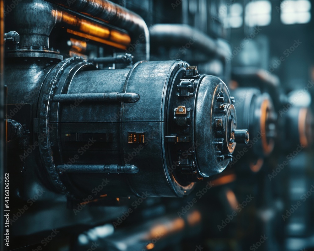 Poster close-up of an industrial mechanical component with intricate details and a metallic finish.