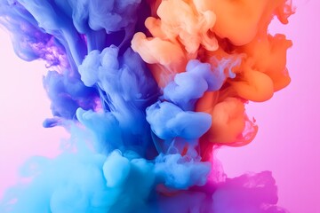 Fototapeta premium Colorful ink splash with vibrant hues of orange, red, purple, and blue against a white background, creating an abstract and dynamic effect