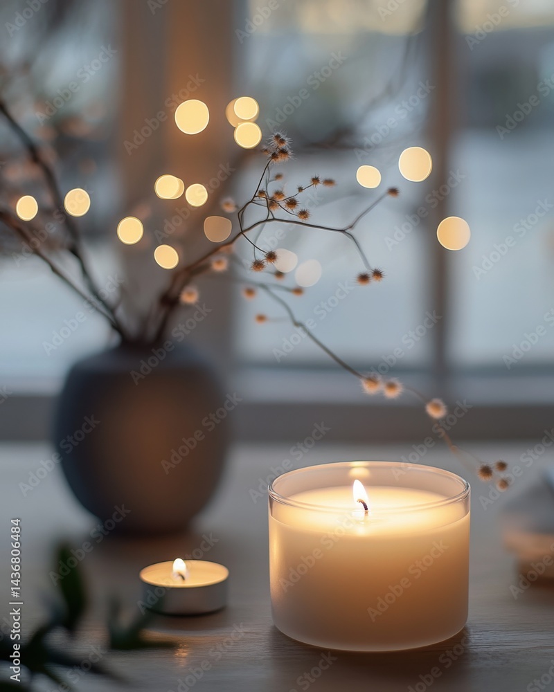 Poster a calming scene featuring lit candles and decorative branches, creating a serene atmosphere.