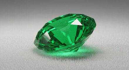 Fototapeta premium Shiny Emerald Gemstone Close-Up on Soft White Surface for Jewelry Design