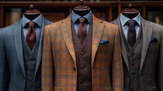 Elegant Display of Tailored Three Piece Men&rsquo;s Suits with Vests and Ties in Luxury Boutique