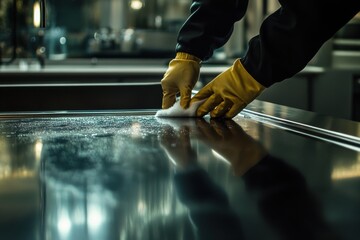 A person in yellow gloves cleans a shiny metal surface, showcasing a focus on cleanliness and attention to detail.