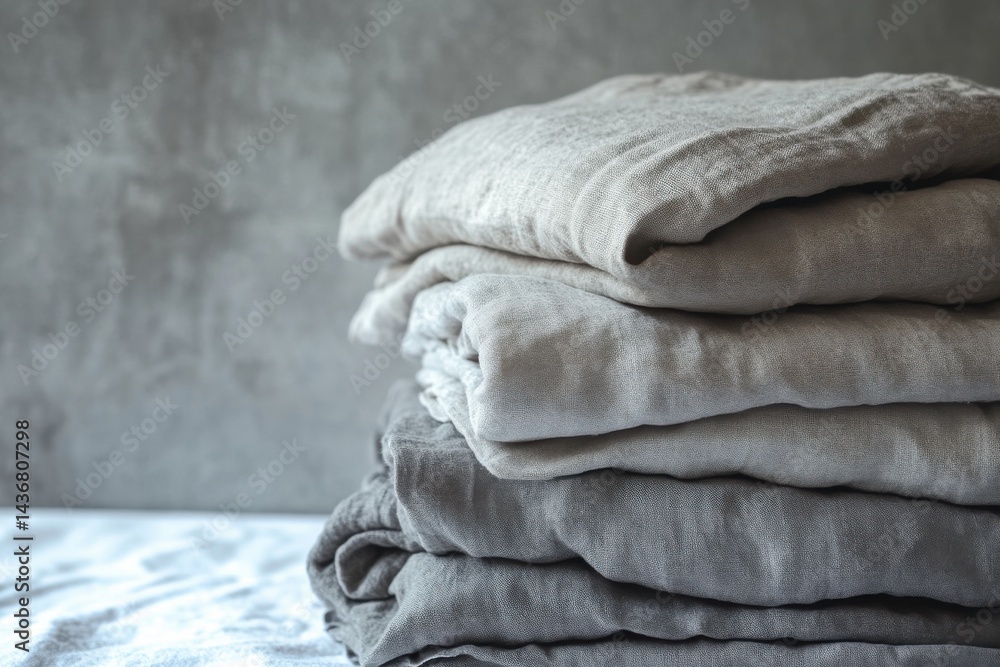Poster a serene stack of neatly folded linen fabric in neutral tones, showcasing soft textures and a calmin