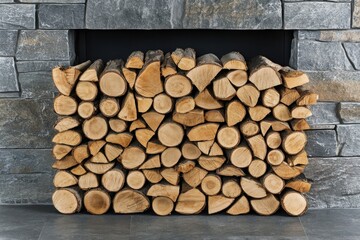 Neatly stacked firewood against a modern stone fireplace, showcasing warm tones and natural textures.